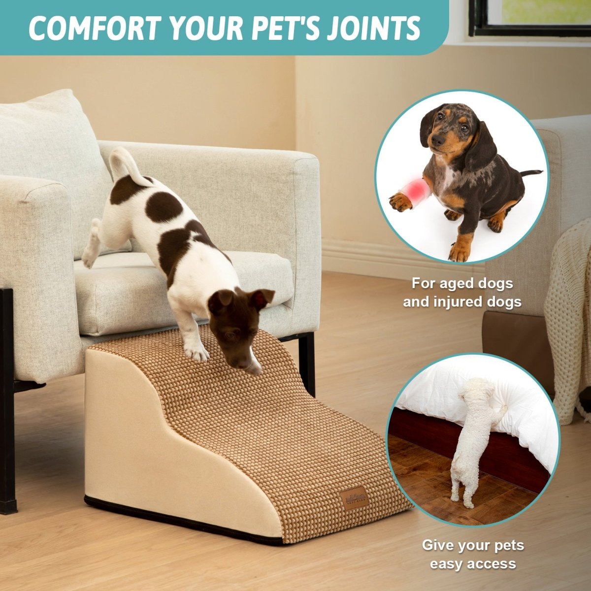 Pet ramp with text 'Comfort Your Pet's Joints' and images of dogs using it.#color_Light Brown