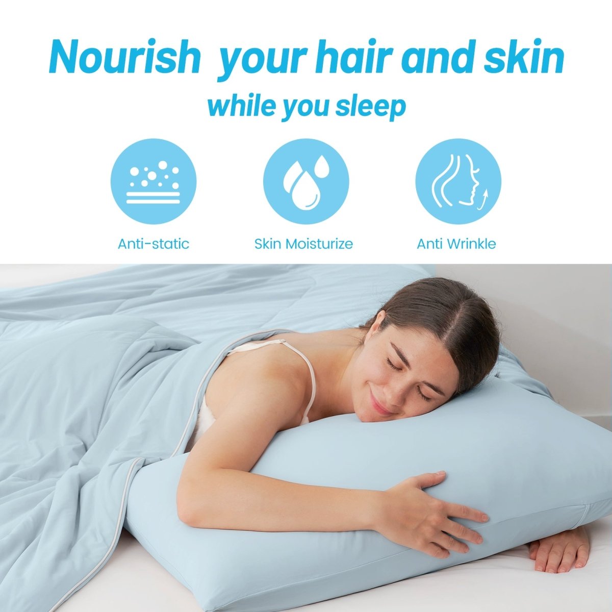Cooling pillowcase for hair & skin health: anti-static, moisturize, anti-wrinkle. Light blue Cozybliss bedding. #color_Cool Blue