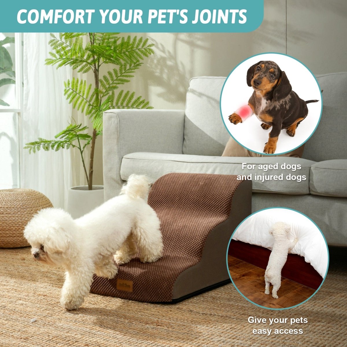 Pet ramp for dogs with text 'Comfort Your Pet's Joints' and images of dogs using it.#color_Brown