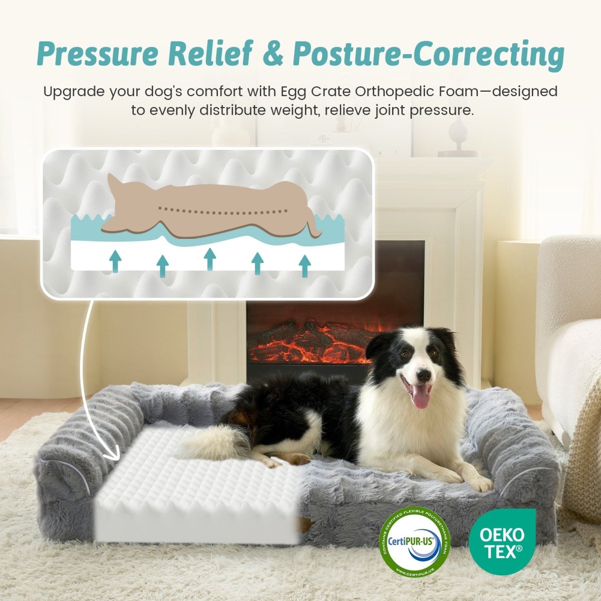 Dog lying on a pressure relief and posture-correcting egg crate orthopedic foam pad with CertiPUR-US and OEKO-TEX certification.#Color_Grey