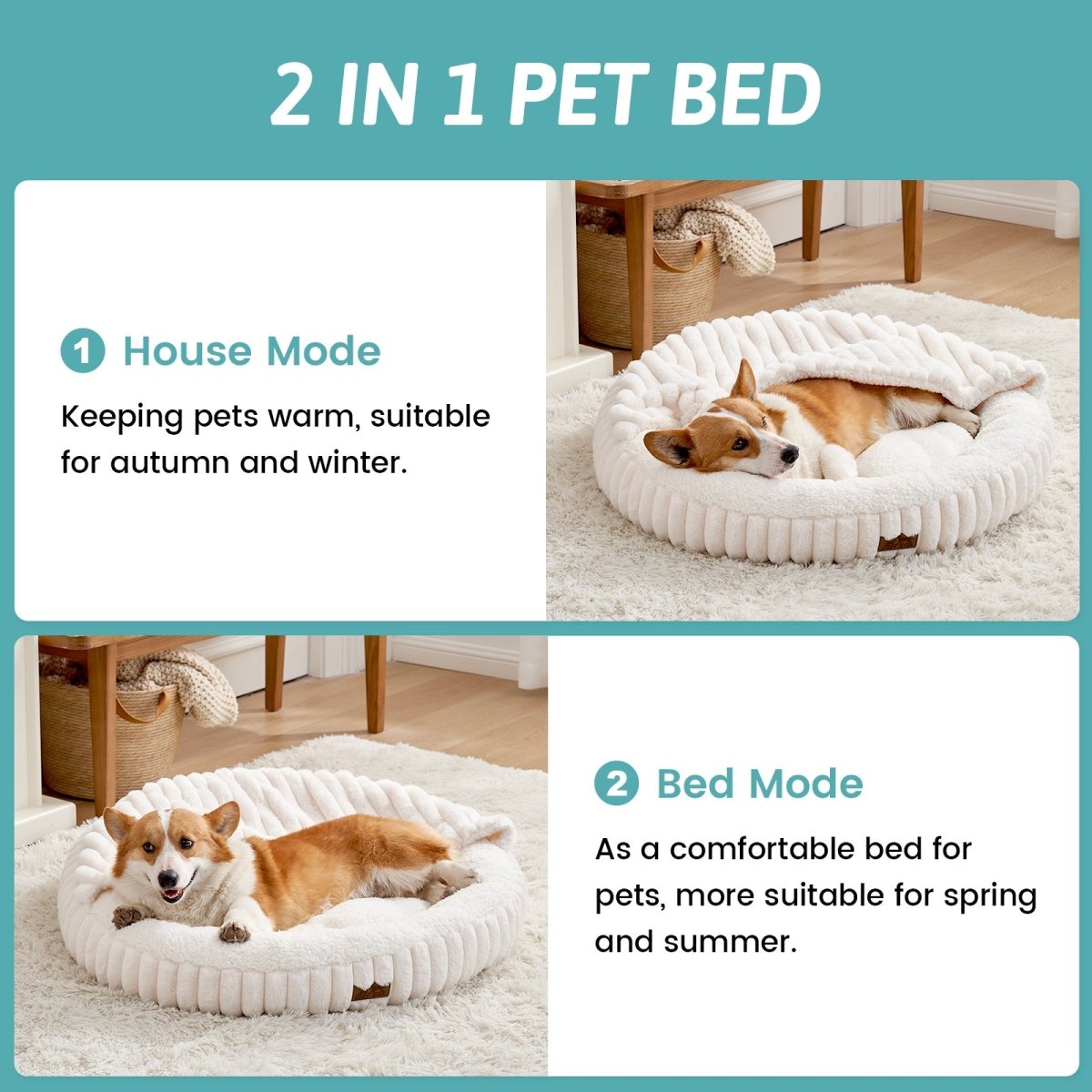 2-in-1 pet bed with a dog inside, showing house mode and bed mode#color_Cream White