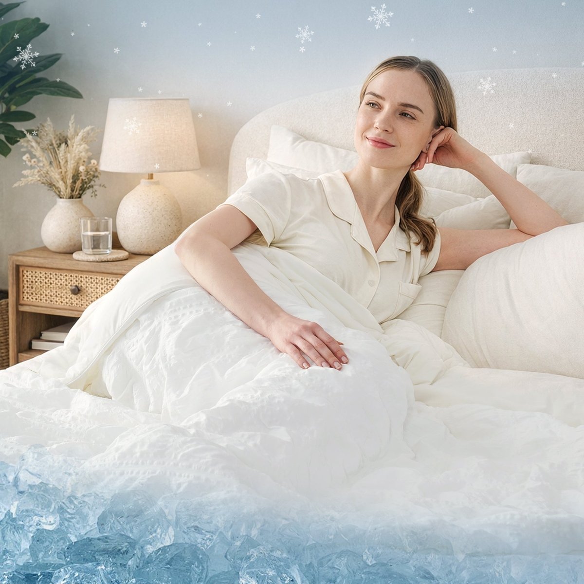Woman waking up refreshed with Cozy Bliss white seersucker plaid cooling comforter.#Color_Off White
