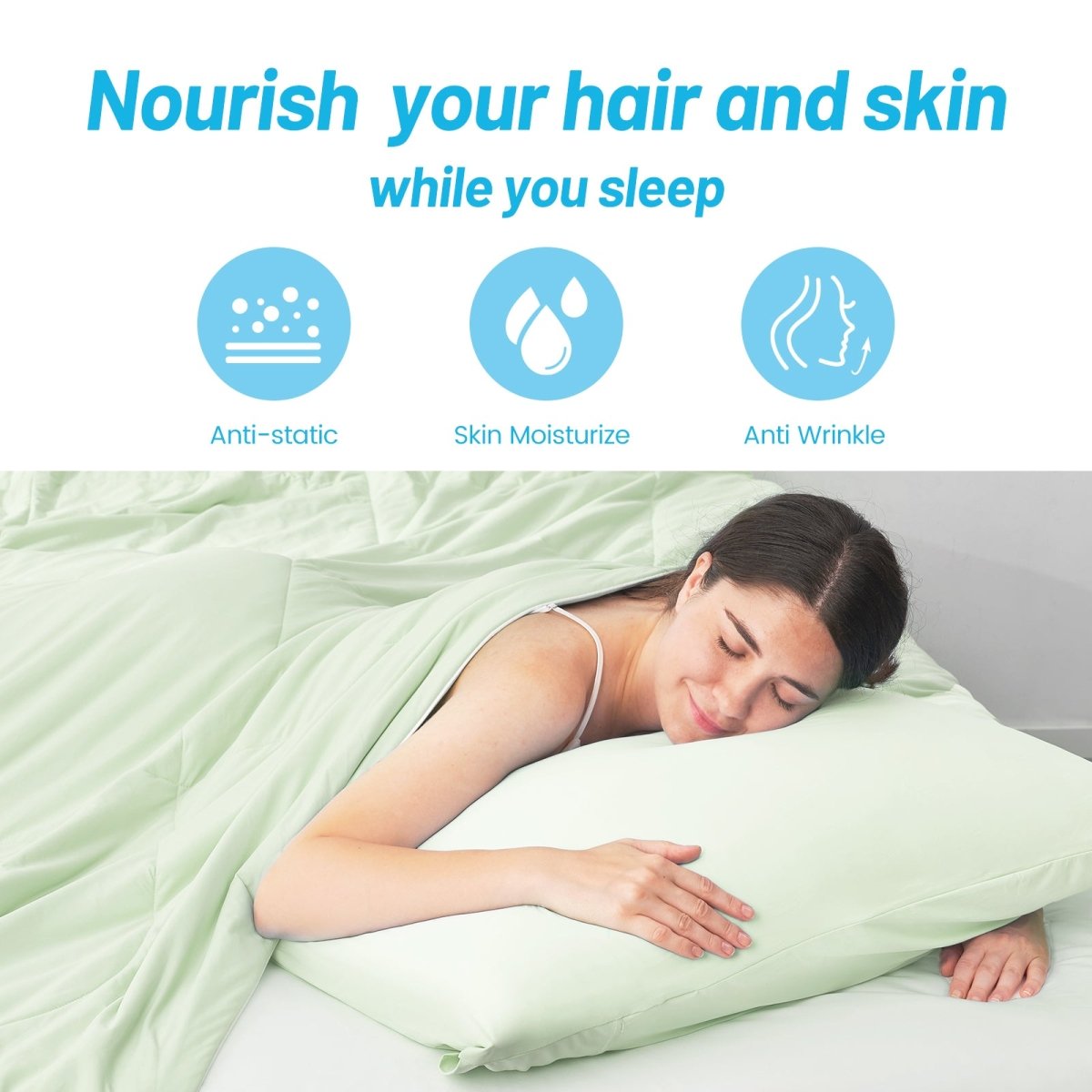 Cooling pillowcase: anti-static, skin moisturizing, anti-wrinkle benefits for hair and skin. Cozy bedding. #color_Light Mint Green