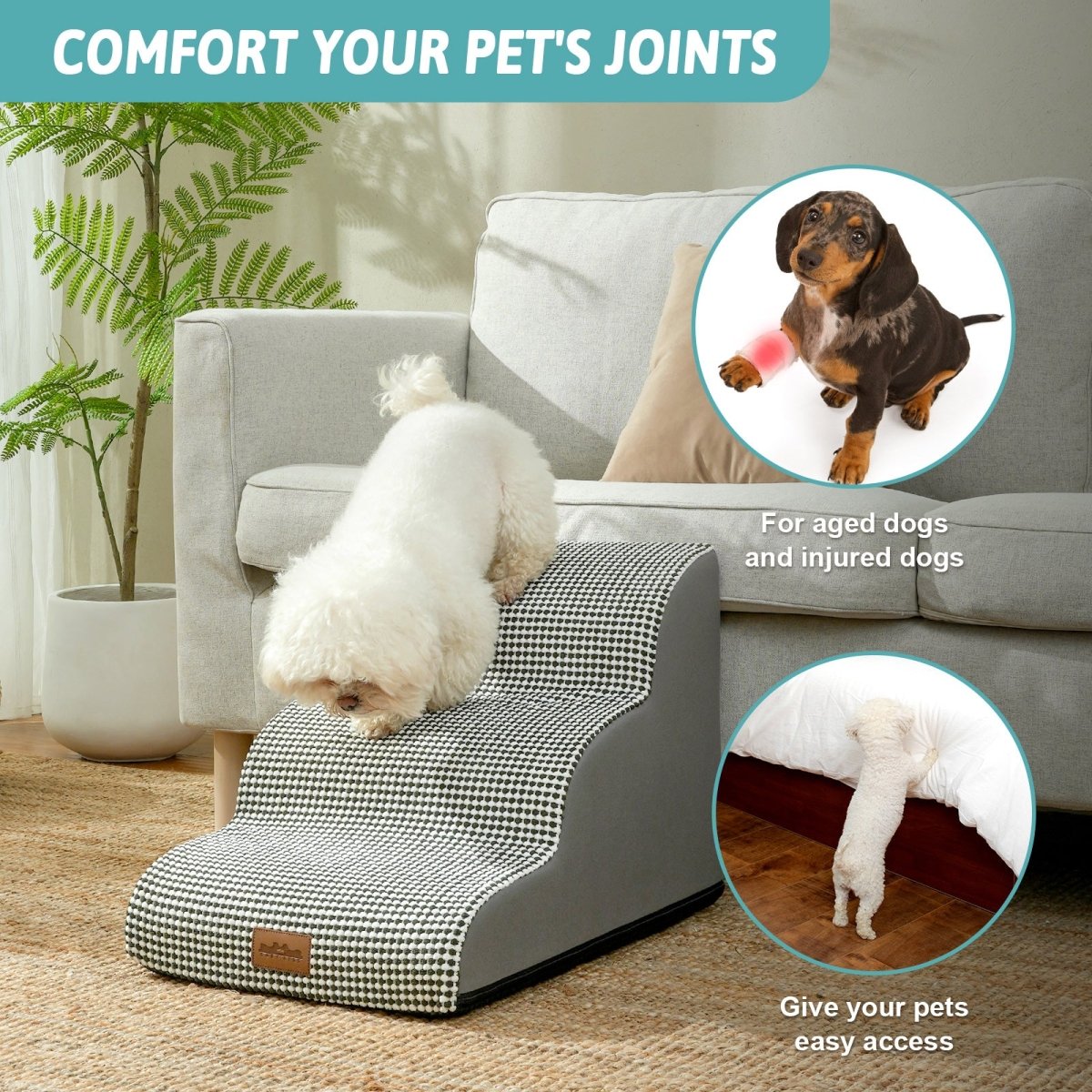Pet ramp with text 'Comfort Your Pet's Joints' and images of dogs using it.#color_Black White
