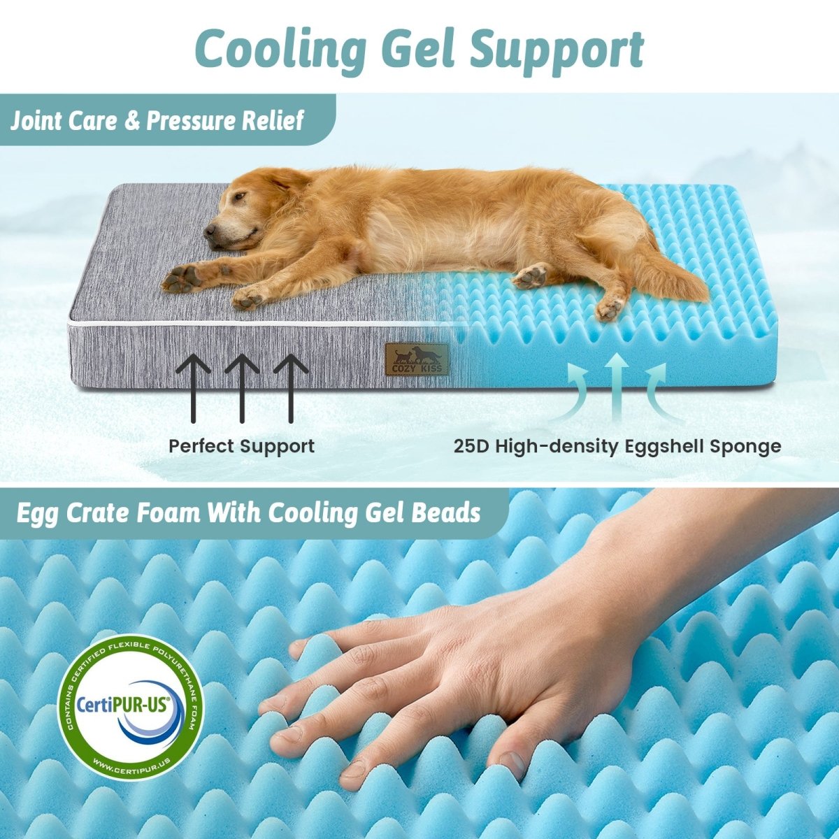 Dog lying on a cooling gel support pad with text highlighting features like joint care, pressure relief, and CertiPUR-US certification.#color_Grey