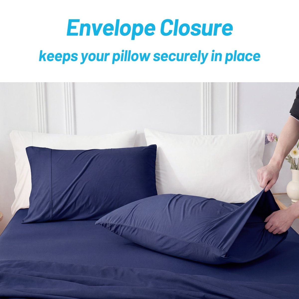 Detail of Cozy Bliss encelope cooling pillowcases, keeping pillow in place. #color_Navy Blue