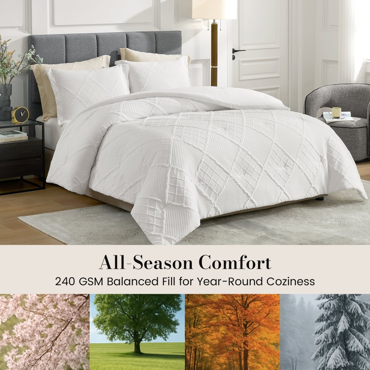 All-season diamond jacquard down comforter set with 240 GSM balanced fill for year-round comfort #color_Off White
