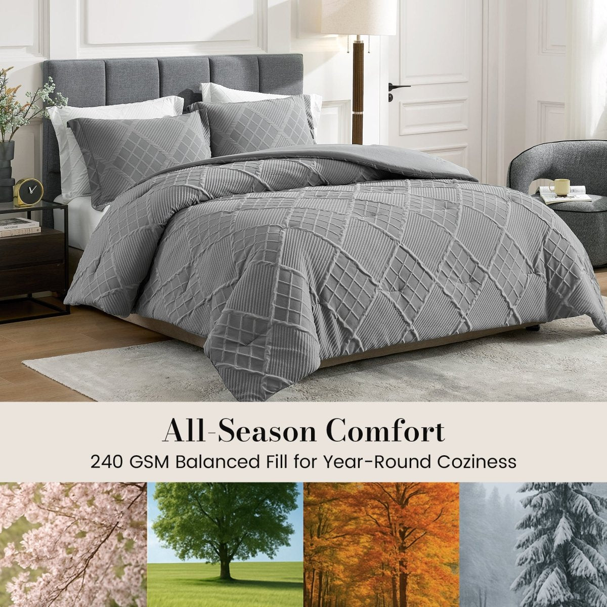 All-season diamond jacquard down comforter set with 240 GSM balanced fill for year-round comfort #color_Dark Grey