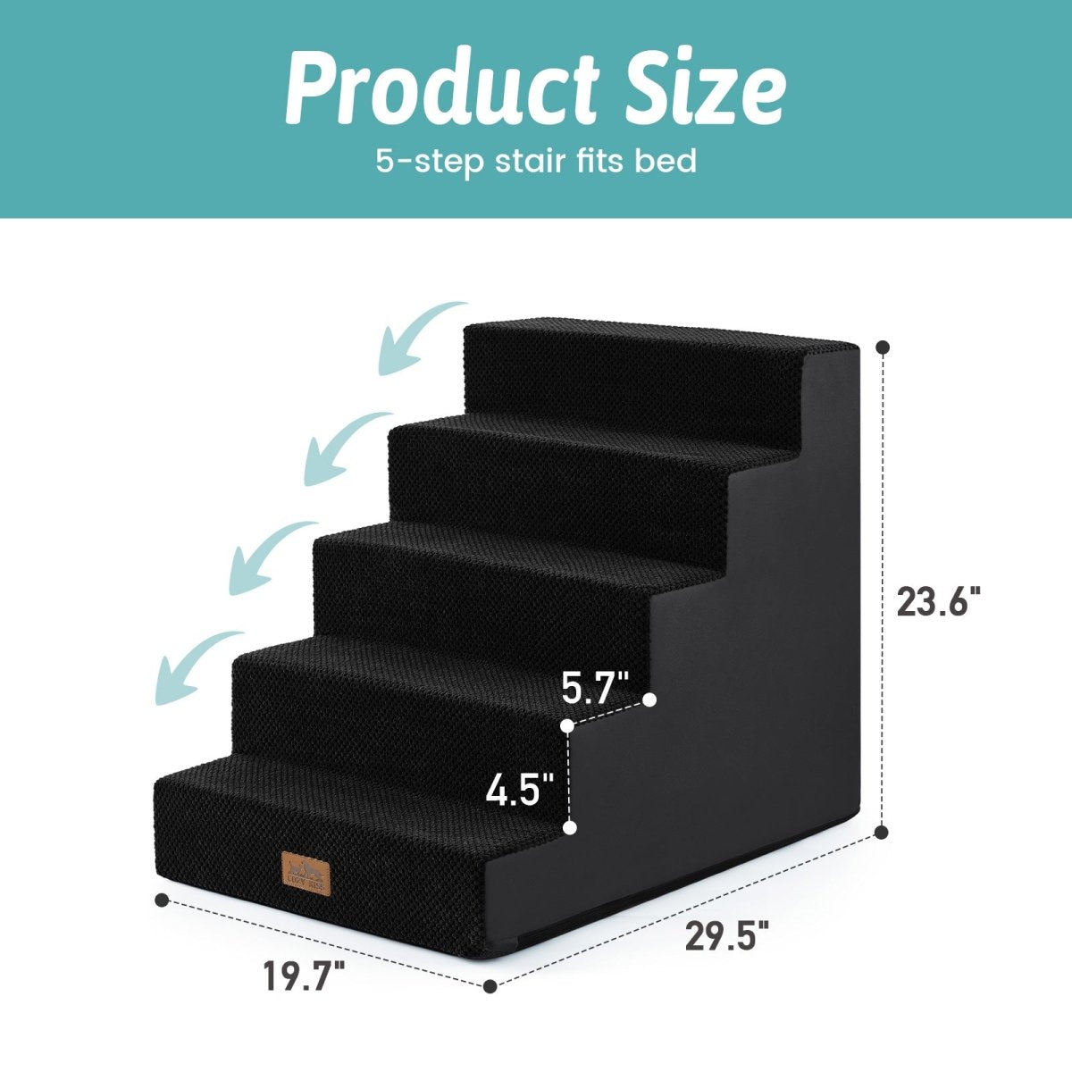 Product size of 5-step Cozy Bliss foam pet stairs with detailed measurements. #color_Black