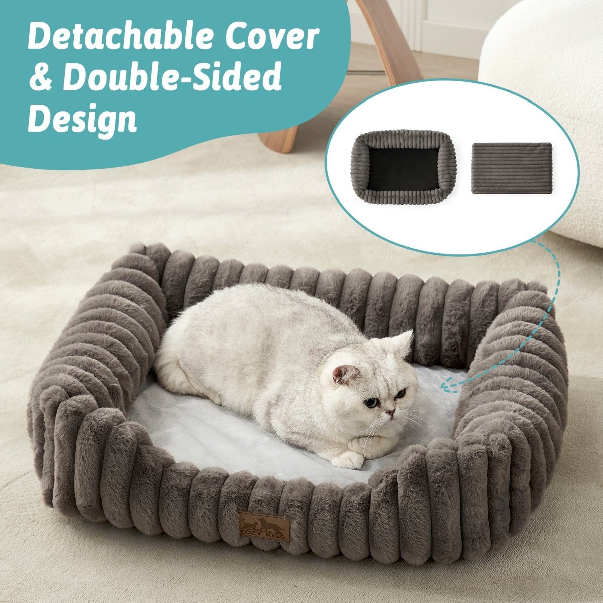 Gray pet bed with a cat inside, featuring detachable cover and double-sided design text.#color_Grey