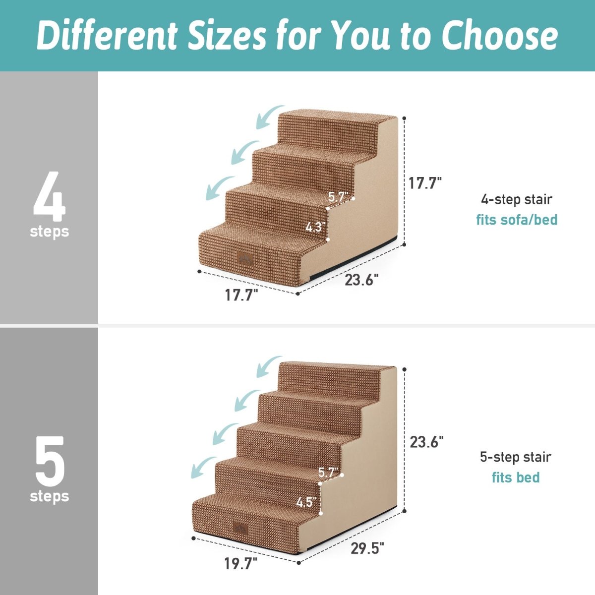 Different sizes of 4-step and 5-step Cozy Bliss foam pet stairs with detailed height measurements. #color_Light Brown