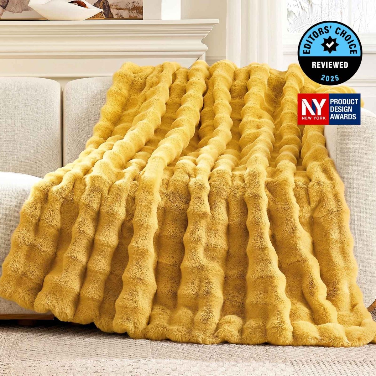 Cozy Bliss Luxurious Bubble Faux Fur Throw Blanket in yellow front view #color_Yellow
