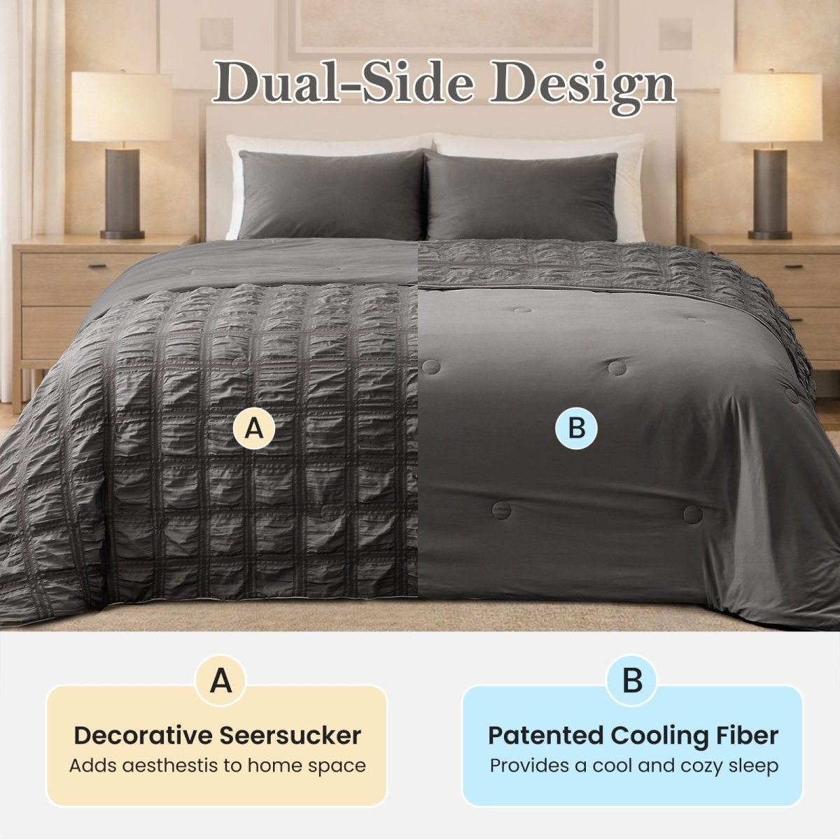 Gray quilt with seersucker plaid and Q-Max cooling fabric on a bed in a bedroom setting.#color_Charcoal Grey