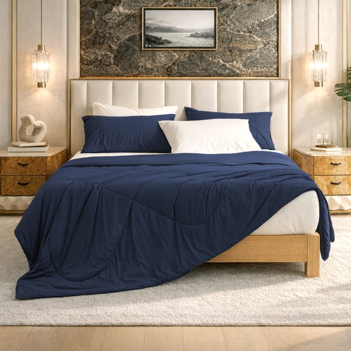 Cozy Bliss Dark Blue Cloud-like extra cooling comforter on bed in cozy bedroom.#Color_Navy Blue