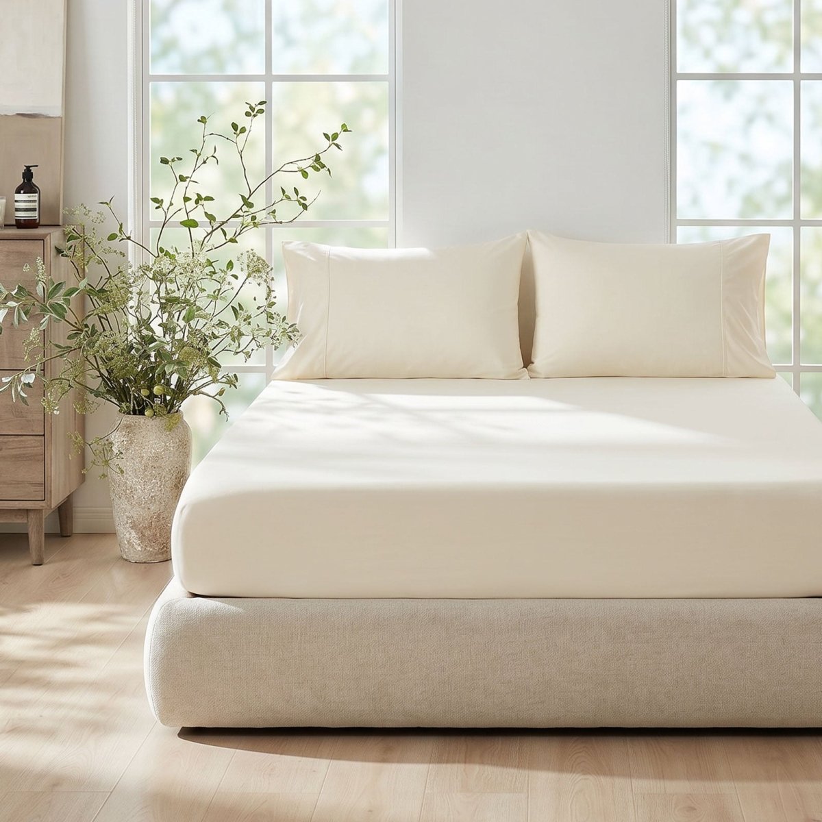 Cozy Bliss Cream-colored cooling fitted sheet set with pillowcases front view. #Color_Cream White