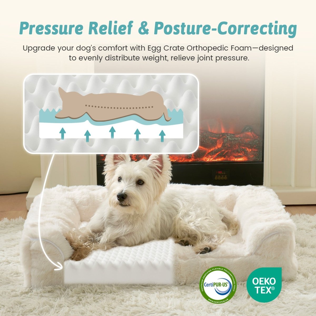 Dog lying on a pressure relief and posture-correcting egg crate orthopedic foam pad with CertiPUR-US and OEKO-TEX certification.#Color_Beige