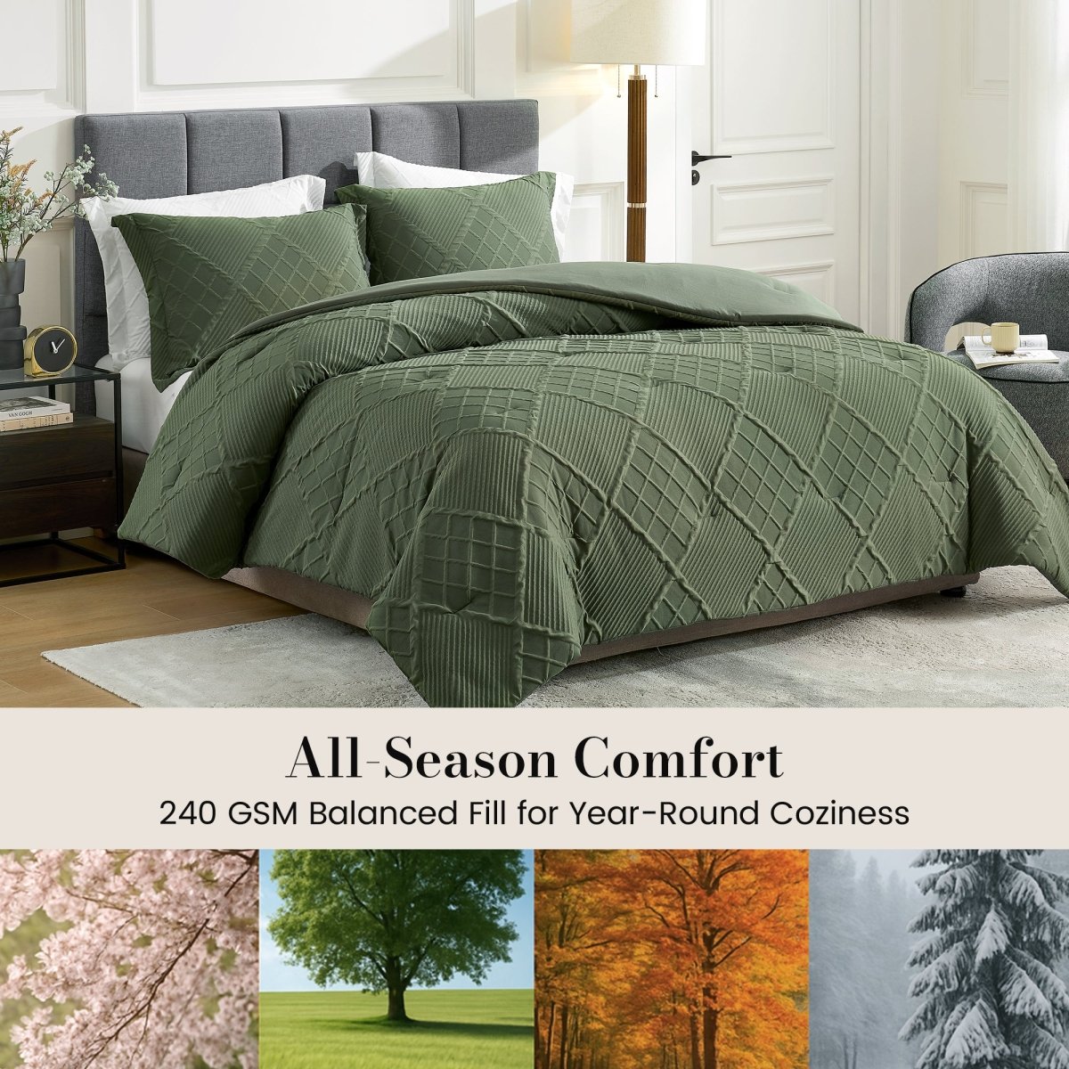 All-season diamond jacquard down comforter set with 240 GSM balanced fill for year-round comfort #color_Oliver Green
