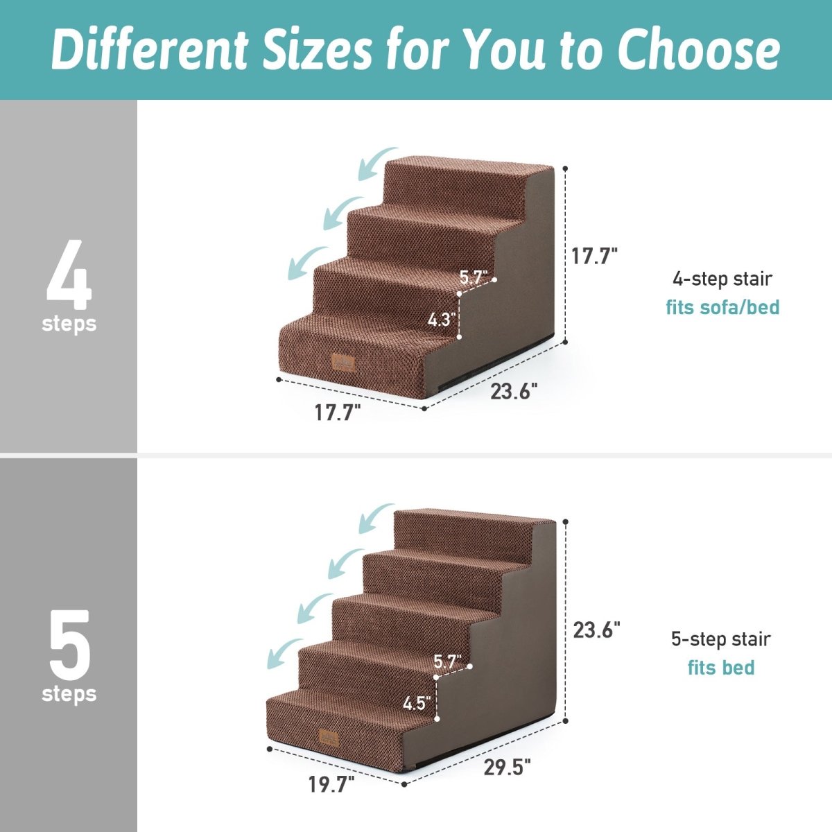 Different sizes of 4-step and 5-step Cozy Bliss foam pet stairs with detailed height measurements. #color_Brown