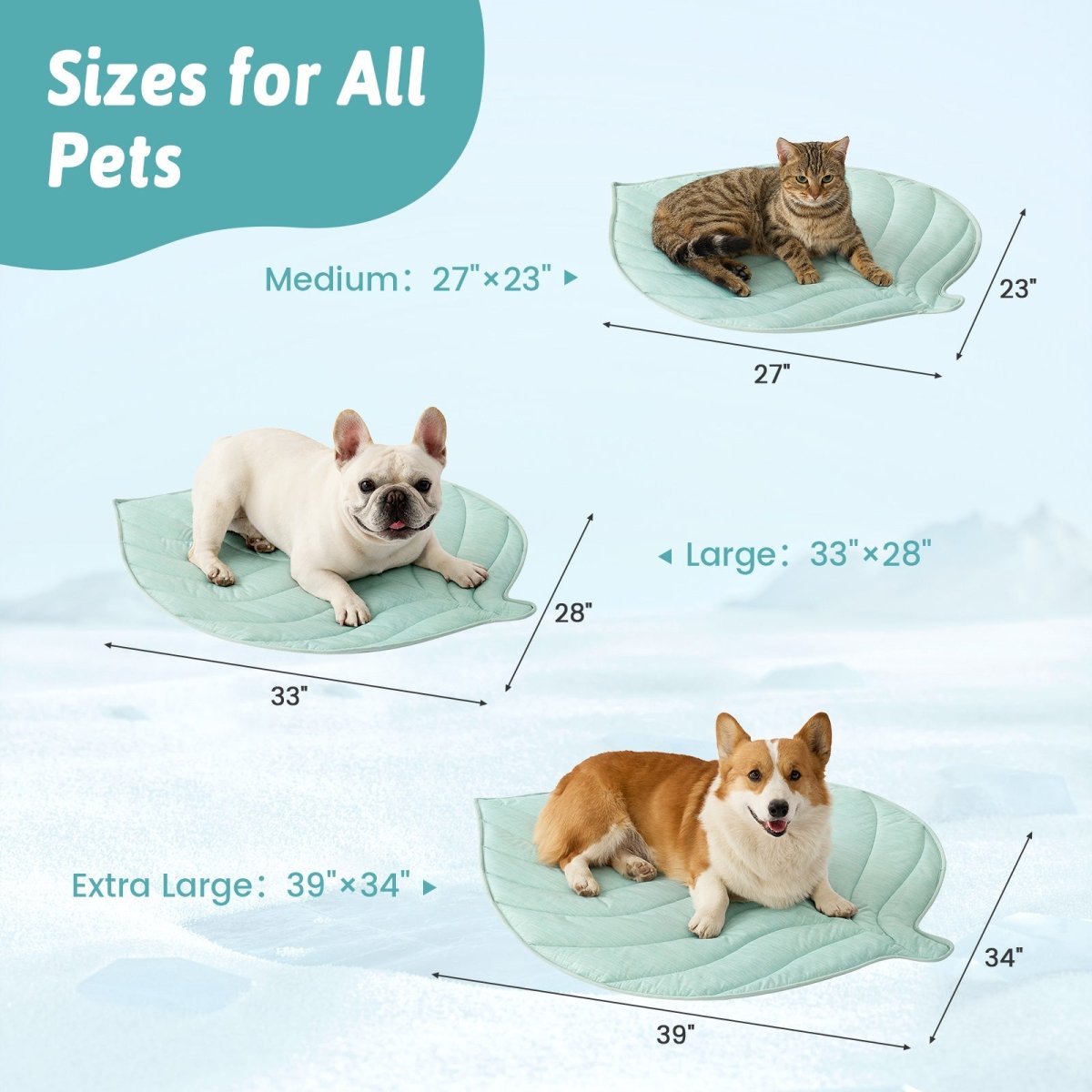 Pet beds of different sizes with measurements for dogs and cats. #color_Light Mint Green