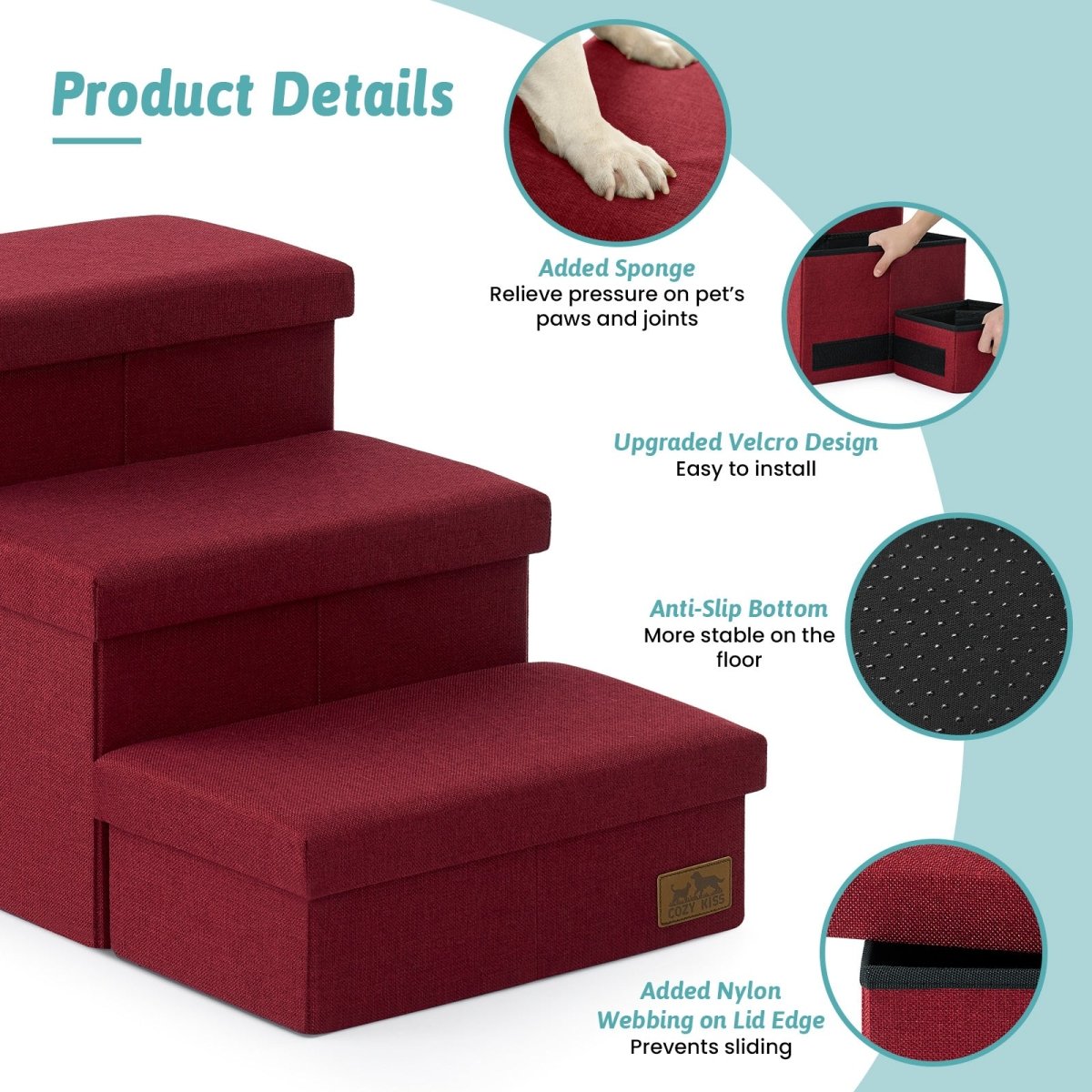 Product details of Cozy Bliss 3 Step Arthritis Prevention Storage Pet Stairs in black featuring added sponge, easy installation, anti-slip bottom, and added nylon webbing to prevent sliding. #color_Christmas Red