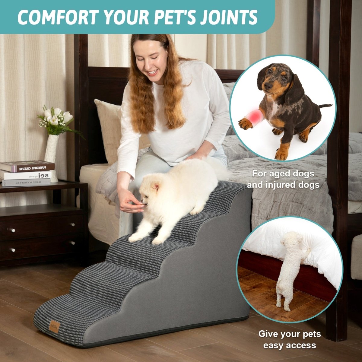 Woman with a dog using pet steps in a bedroom setting#Color_Charcoal Grey