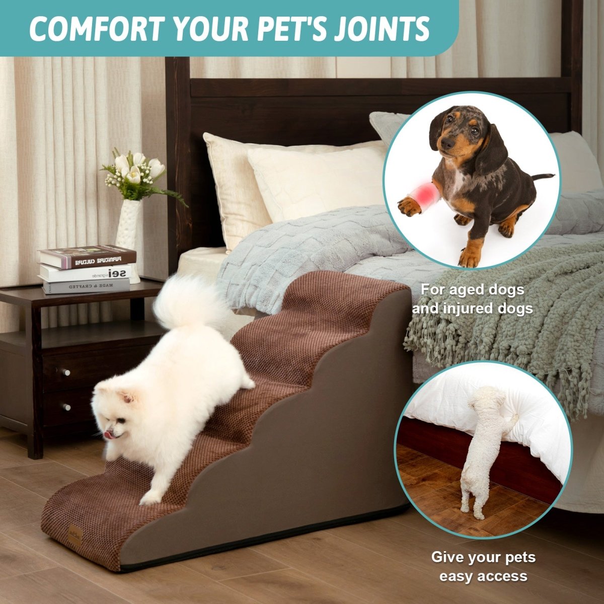 Pet ramp with text 'Comfort Your Pet's Joints' in a bedroom setting.#color_Brown