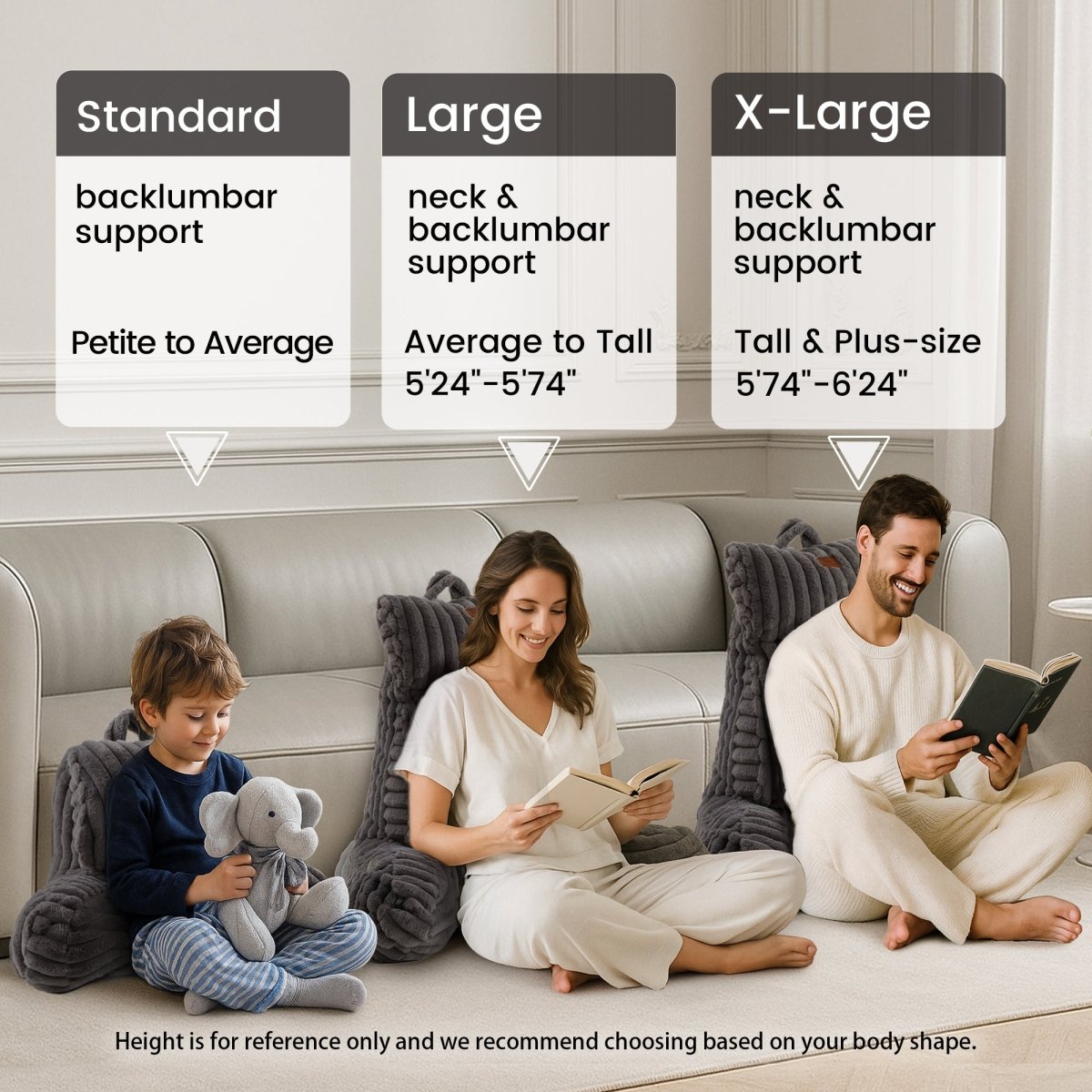 Cozy Bliss striped reading pillow size guide for standard, large, and x-large support options #color_Charcoal Grey