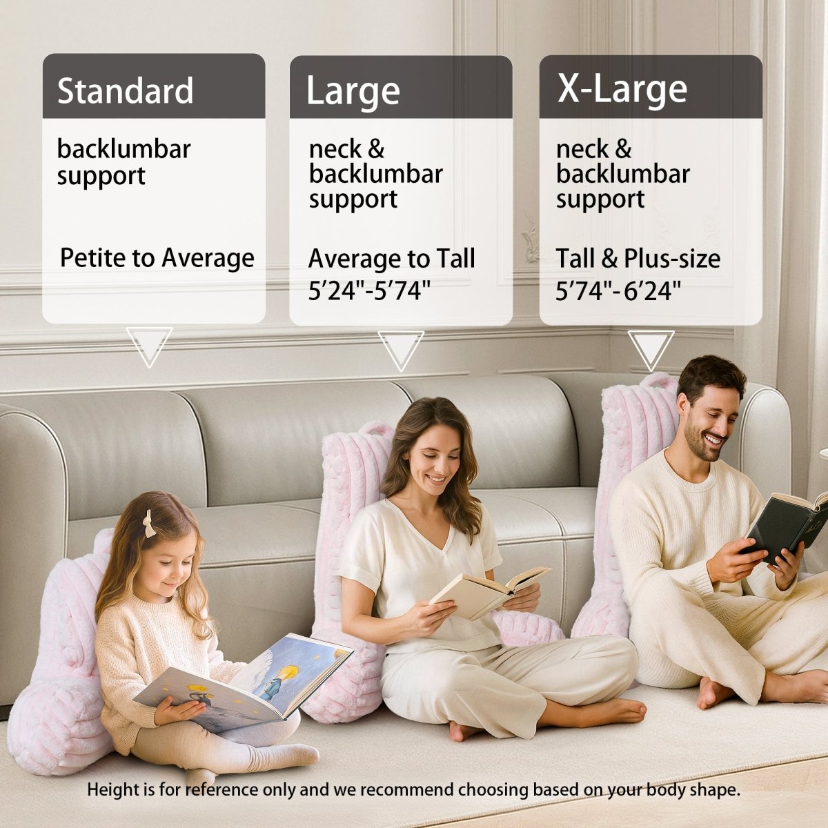 Cozy Bliss striped reading pillow size guide for standard, large, and x-large support options #color_Light Pink