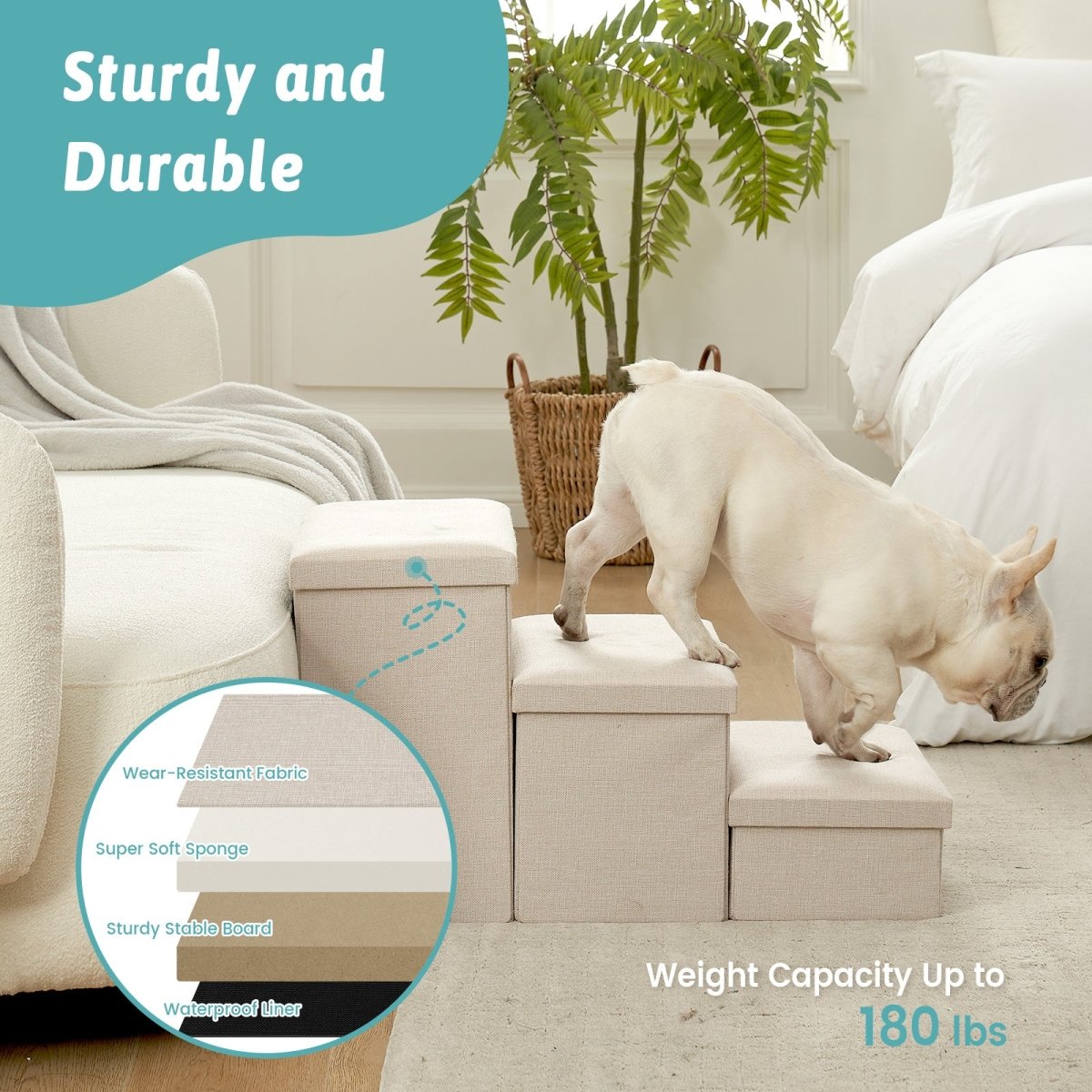 High stability Cozy Bliss storage pet stairs with 180 LBS weight capacity. #color_Beige