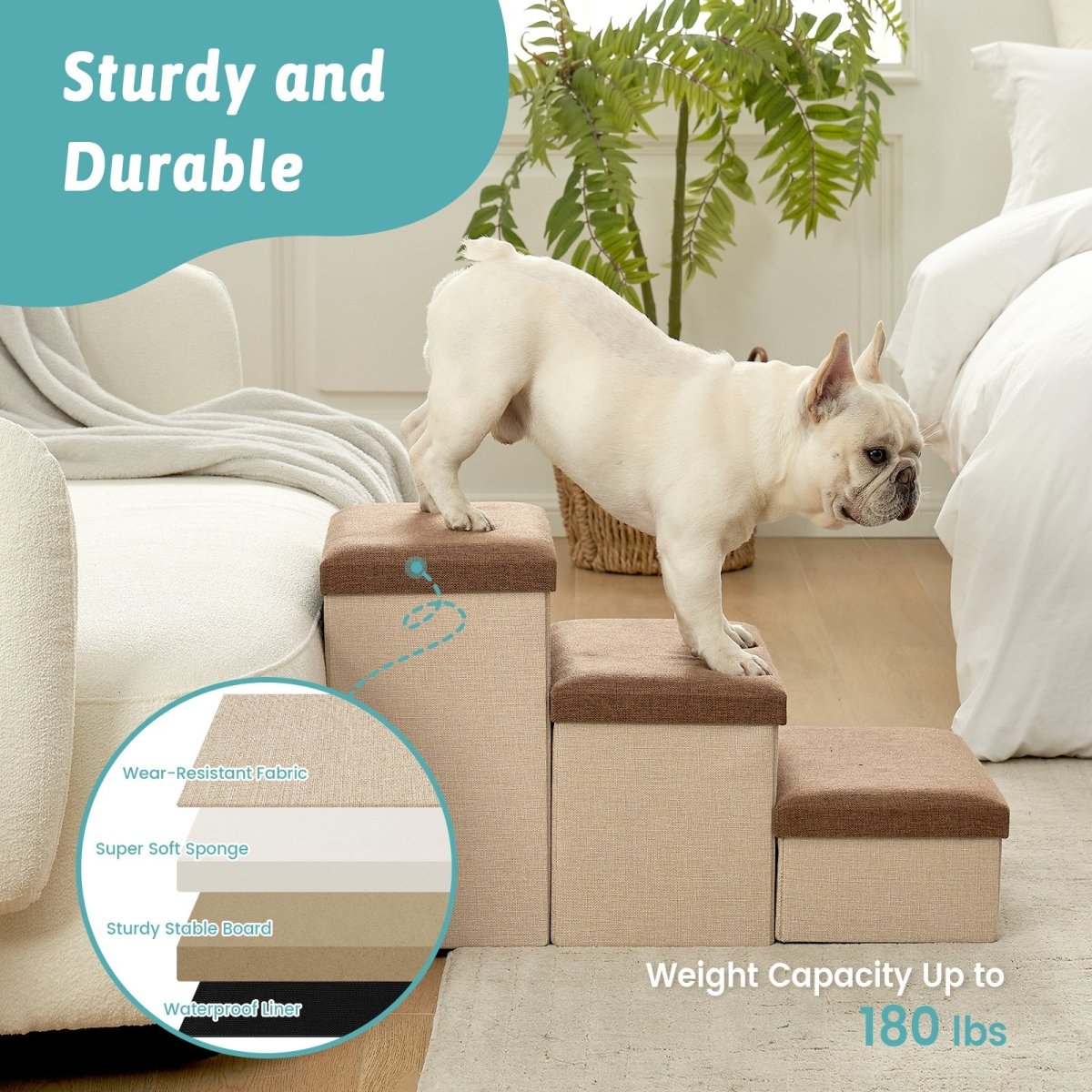 High stability Cozy Bliss storage pet stairs with 180 LBS weight capacity, sturdy and durable. #color_Brown