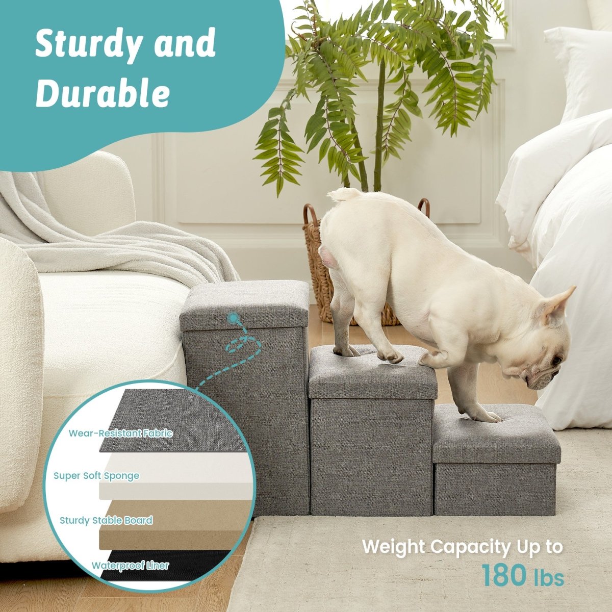 High stability Cozy Bliss storage pet stairs with 180 LBS weight capacity, sturdy and durable. #color_Grey