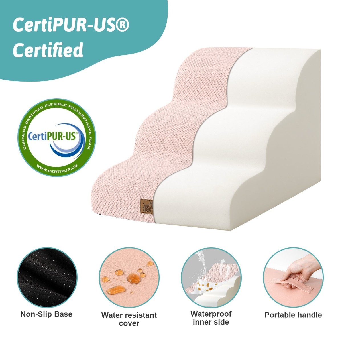 Pet stair with CertiPUR-US certification and features listed on a white background#Color_Pink