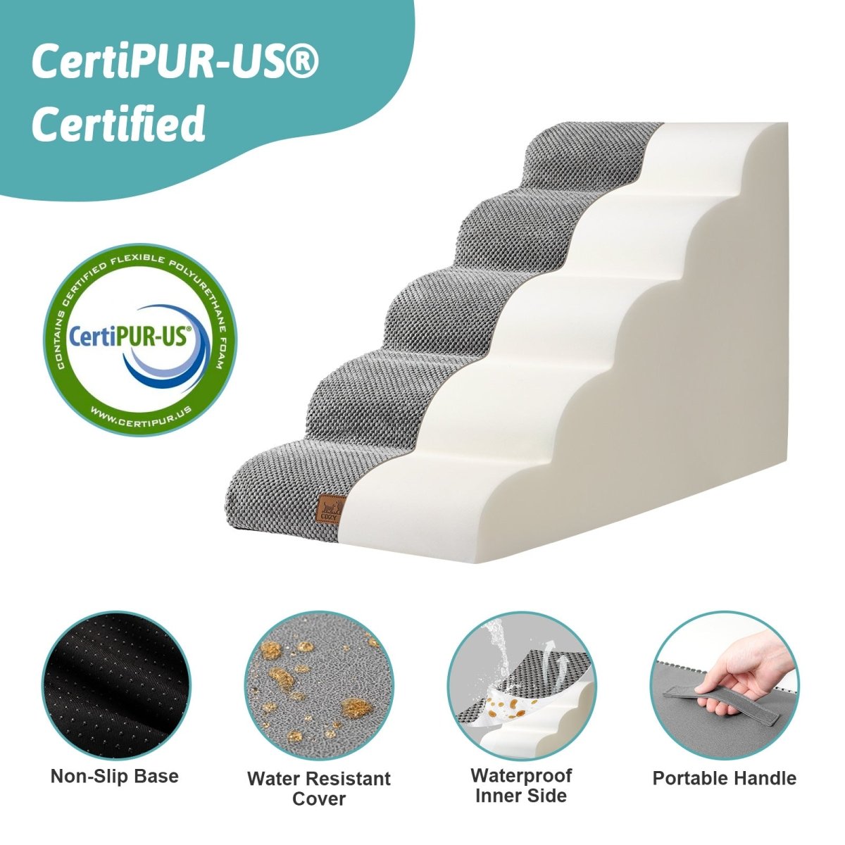 CertiPUR-US certified pet ramp with features highlighted on a white background#Color_Grey