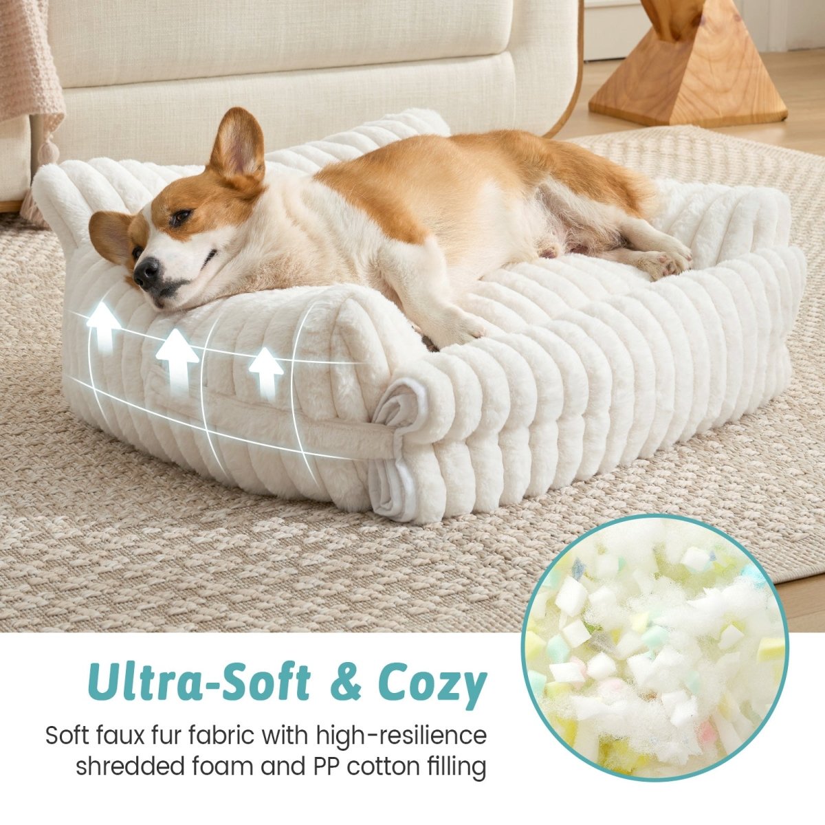 Dog on plush pet bed with on-screen text emphasizing soft faux fur and premium filling for cozy sleeping.#color_Cream White