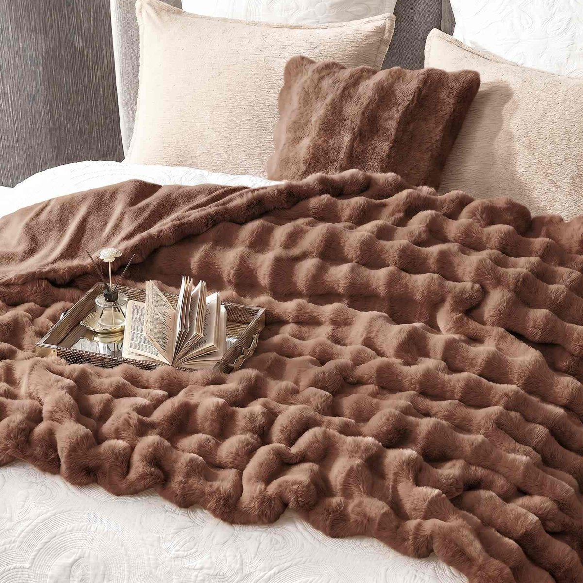 Brown Cozy Bliss faux fur throw blanket on bed. Cozy and soft blanket for bedroom comfort #color_Brown