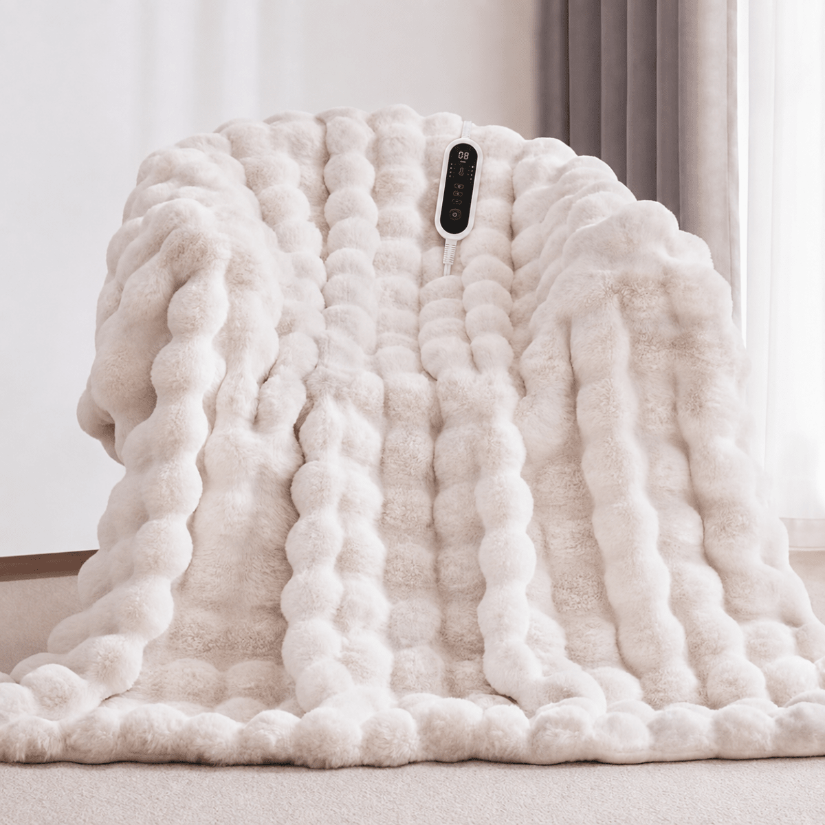COZY BLISS Bubble Faux Fur Electric Blanket in white front view #color_Cream White