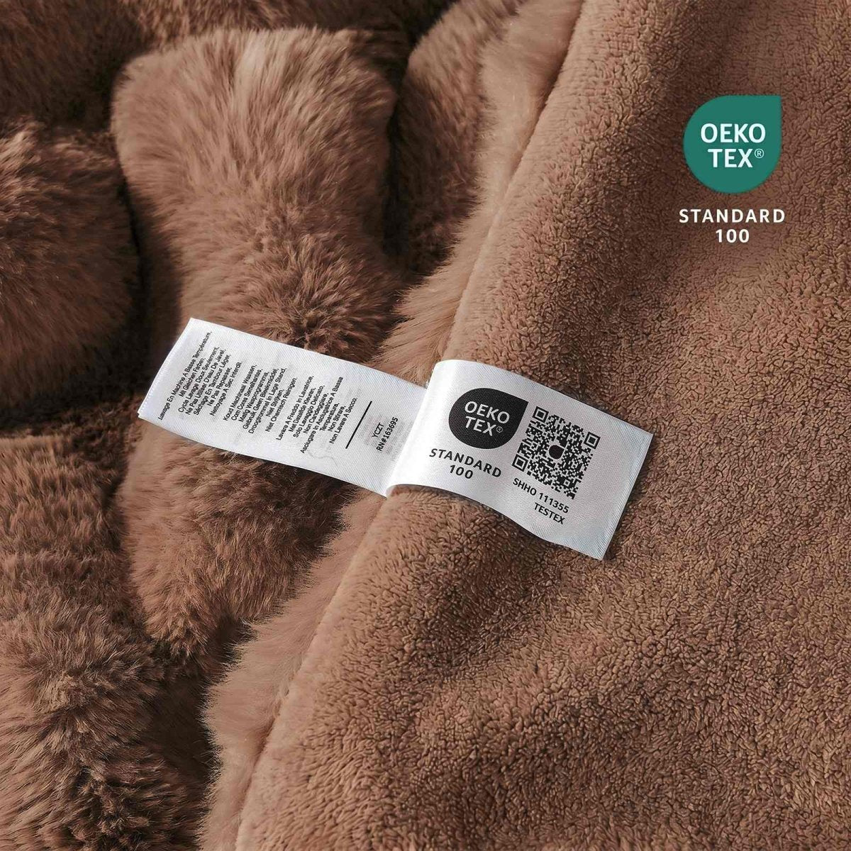 Close-up of OEKO-TEX certified faux fur brown blanket fabric #color_Brown