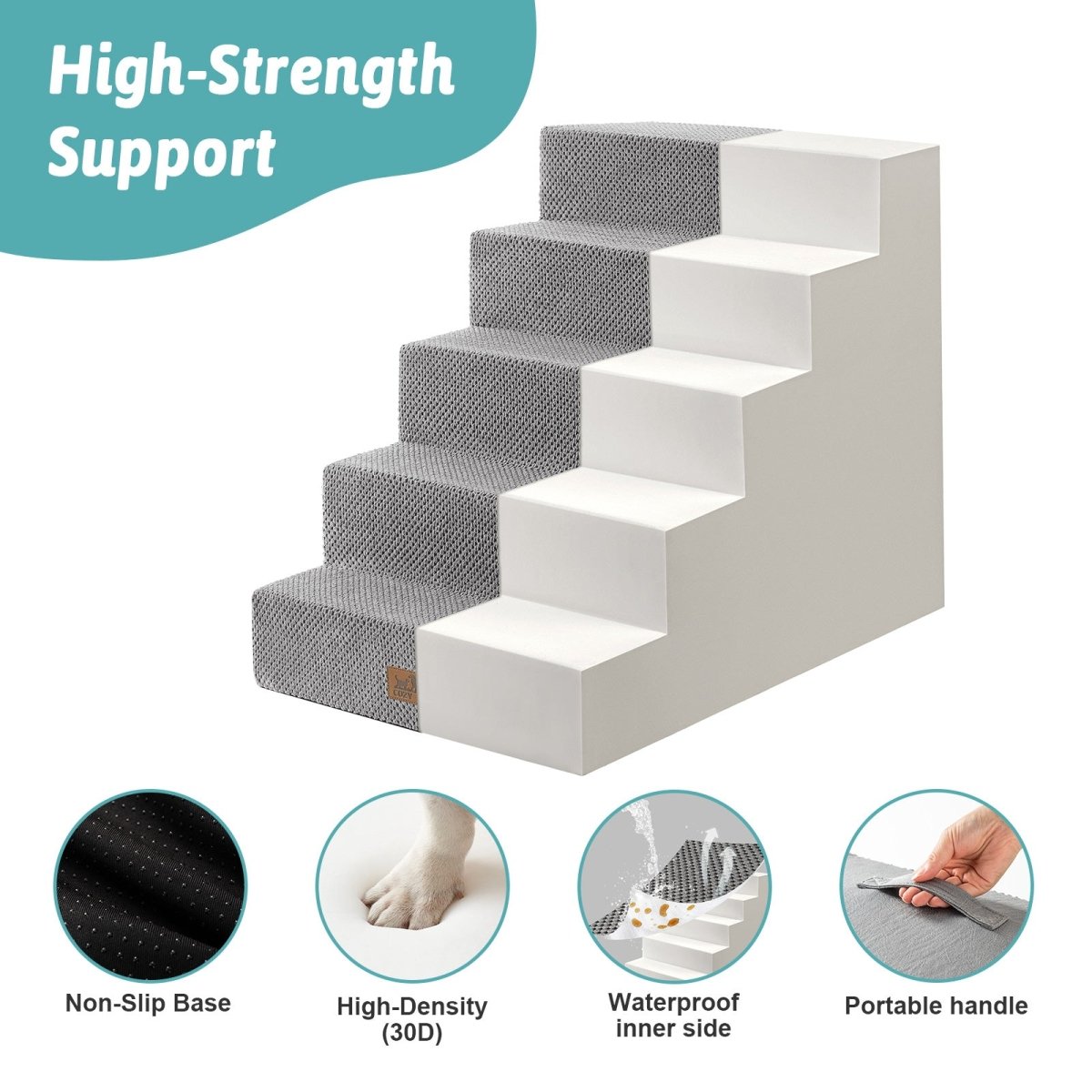 High-strength support of Cozy Bliss foam pet stairs featuring non-slip base, 30D high-density foam, waterproof inner side, and portable handle. #color_Light Grey