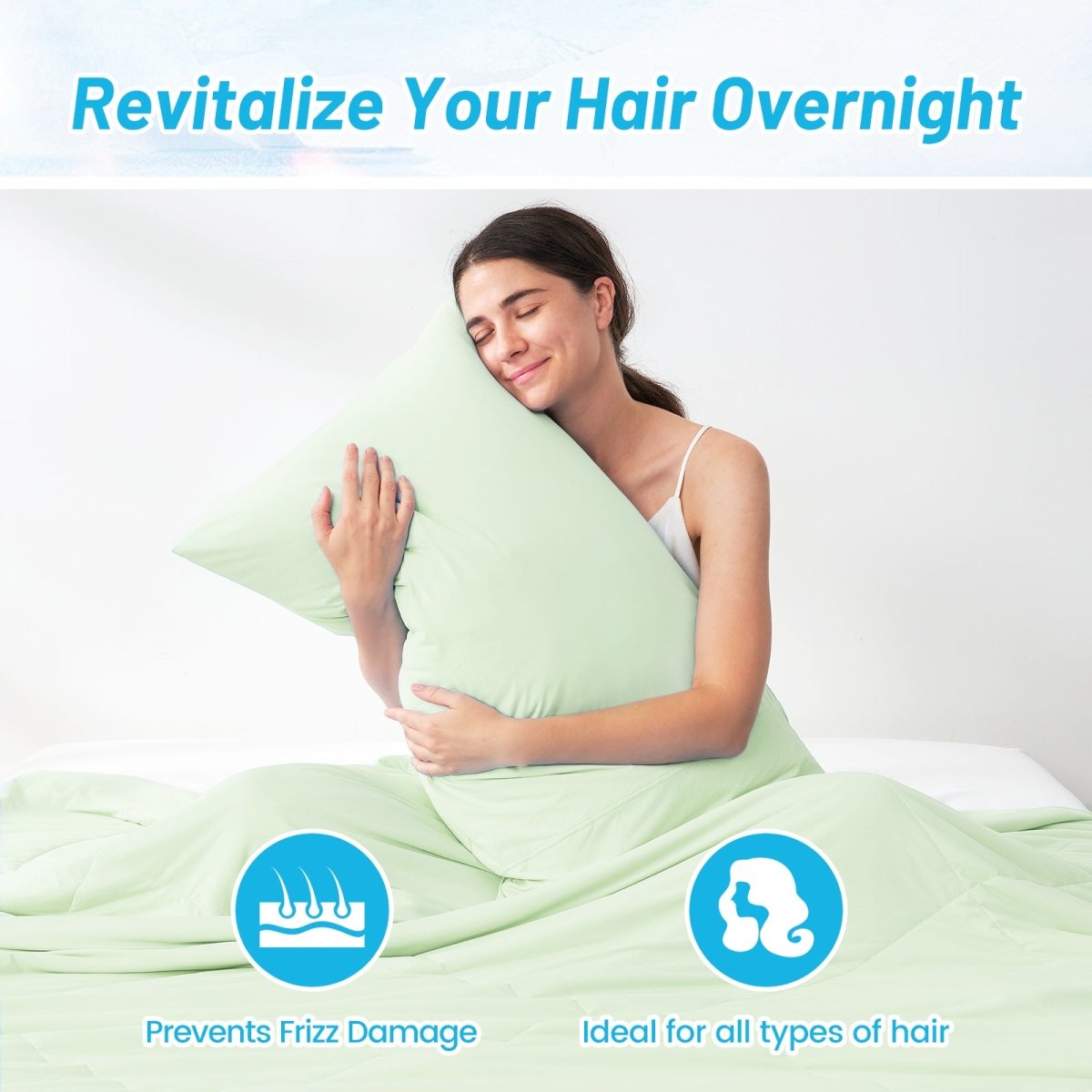 Cooling pillowcase with woman, Revitalize Hair Overnight, prevents frizz, ideal for all hair types #color_Light Mint Green