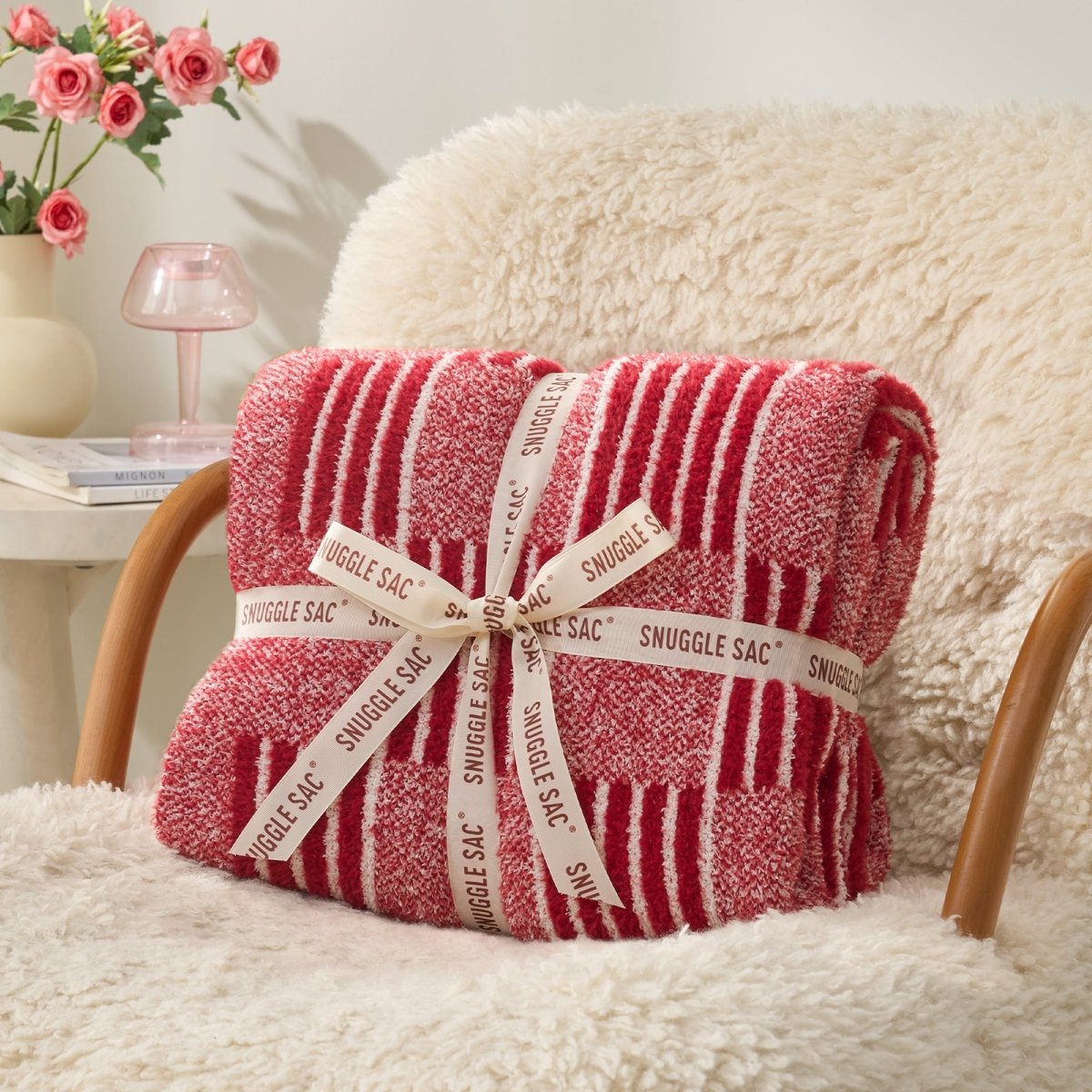 Reversible Heather Checkered Feather Yarn Throw Blanket in Red neatly folded with ribbon, perfect for gifting and special occasions. #color_Christmas Red