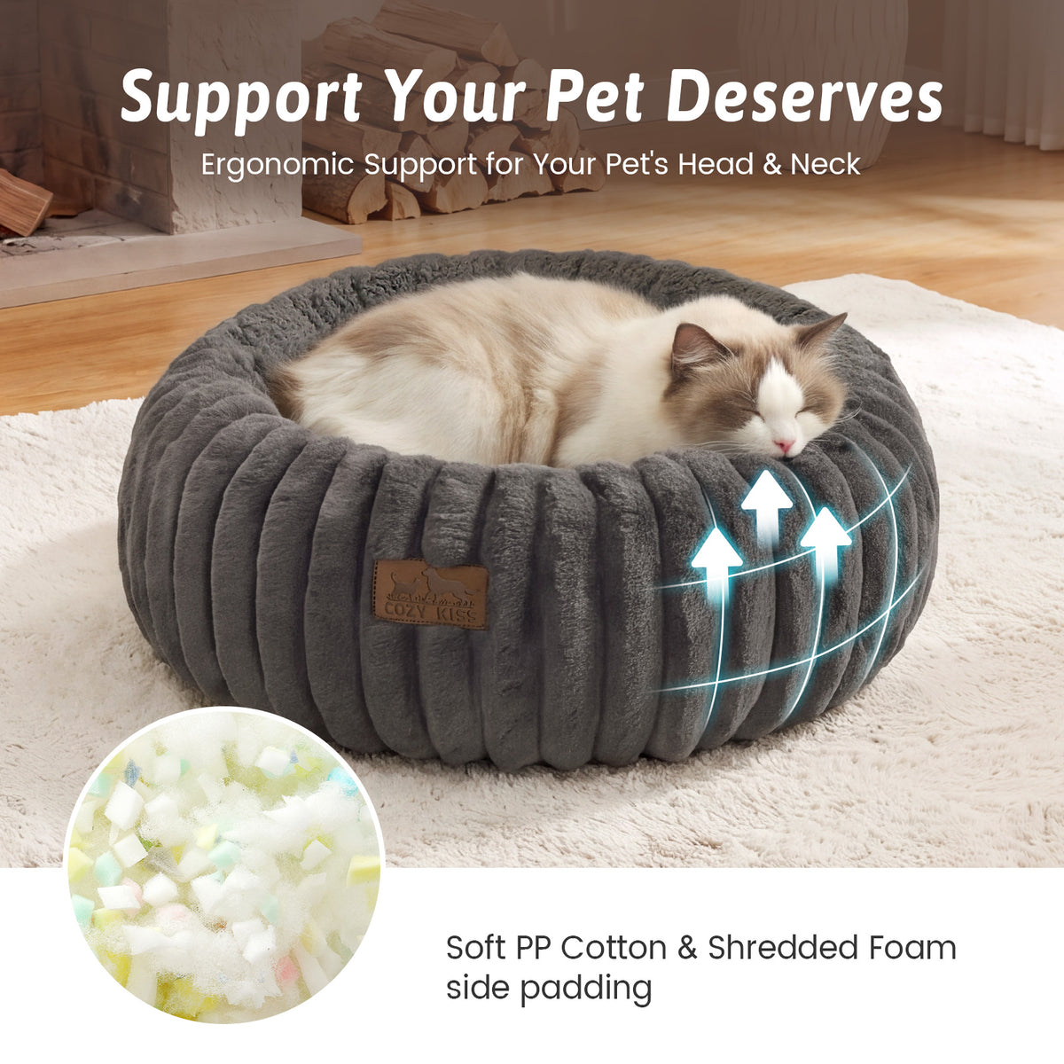 Cozy Bilss small cat resting inside 2-in-1 Striped Faux Fur Pet Bed in Dark Grey in cozy bedroom#color_Dark Grey
