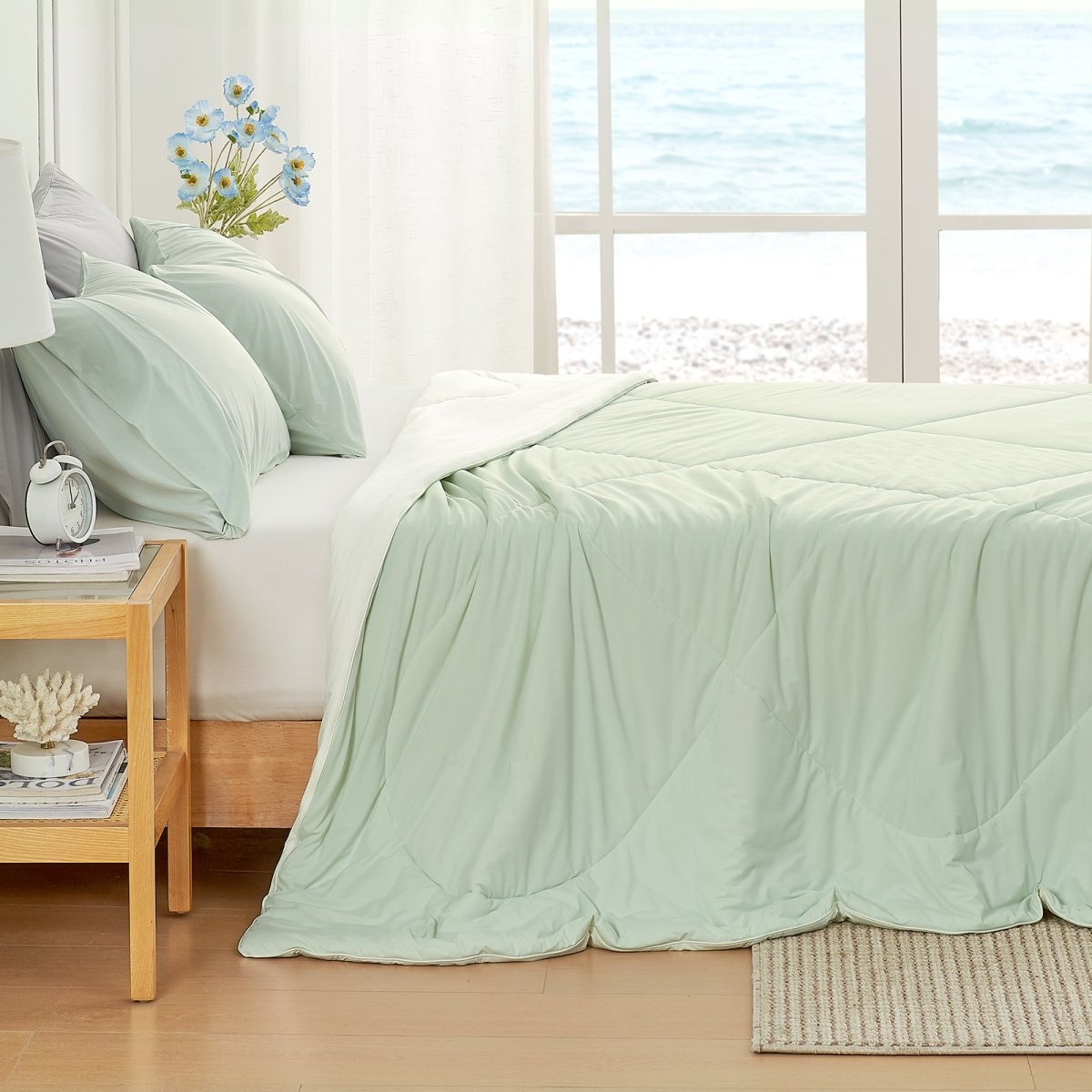 Light mint green and cream Cozy Bliss cooling comforter on bed side view#Color_Light Mint Green/Cream