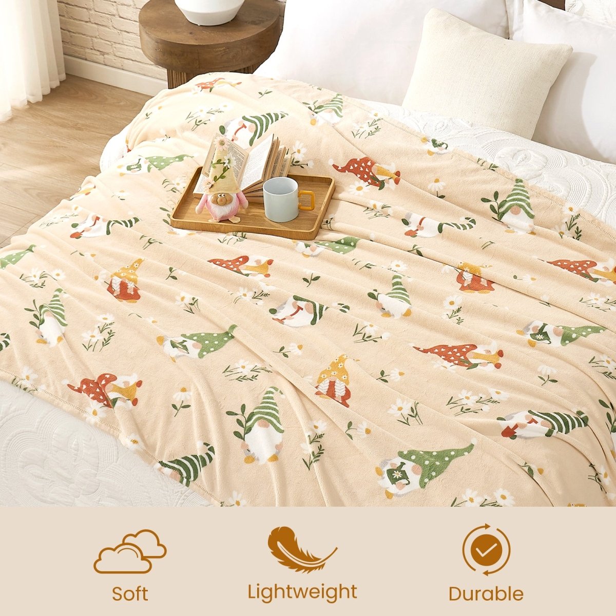 Spring gnomes milkyplush throw blanket in Beige displayed on bed, highlighting soft lightweight and durable features #color_Beige