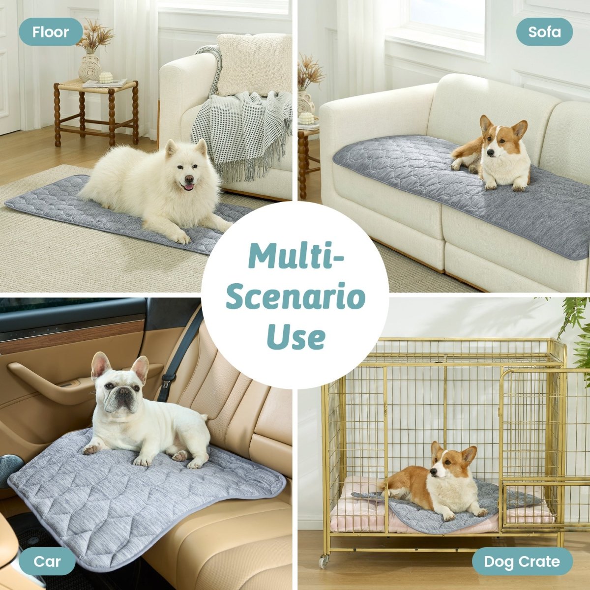 Dog using a pet mat on various surfaces including floor, sofa, car, and dog crate.#Color_Dark Grey