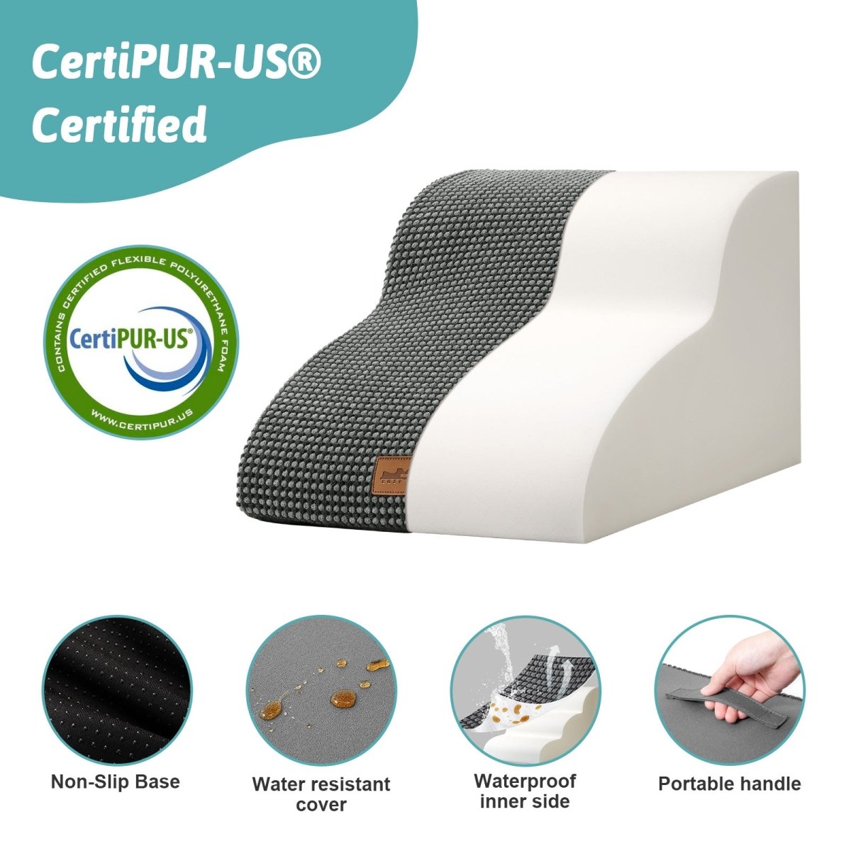 CertiPUR-US certified pet ramp with features highlighted on a white background#Color_Charcoal Grey