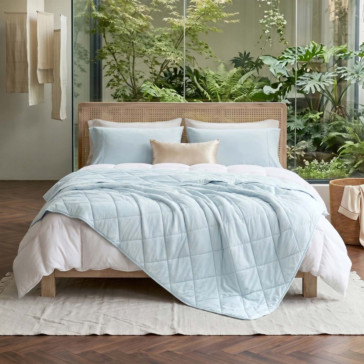 Cozy Bliss Chill Weave Square Cooling Blanket in a bedroom setting #Color_Cool Blue