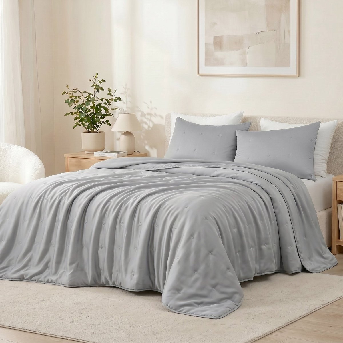 Cozy Bliss Tencel™ Lyocell Cooling Comforter in side view.#color_Grey