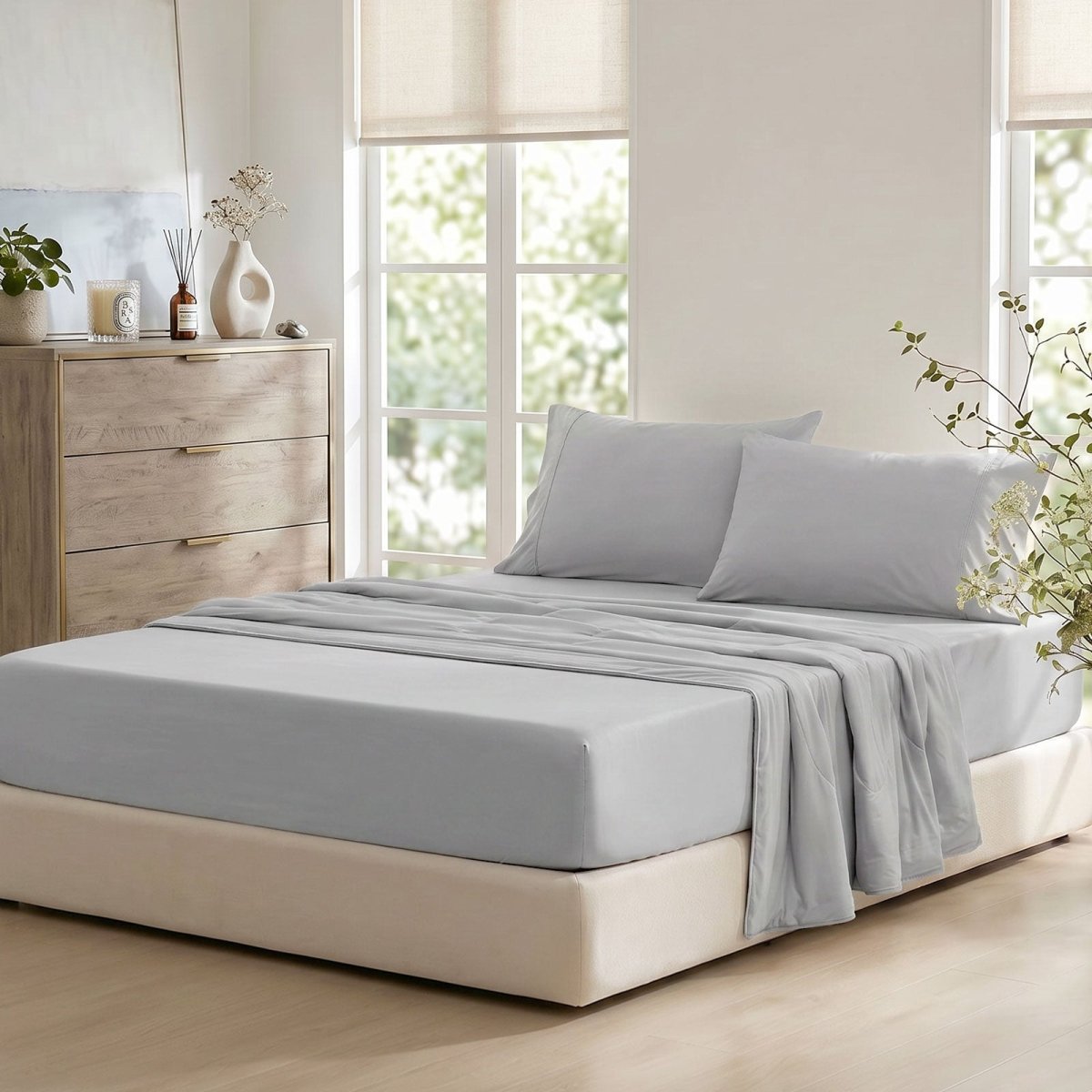 Cozy Bliss Light gray cooling fitted sheet set on bed in side view #Color_Light Grey