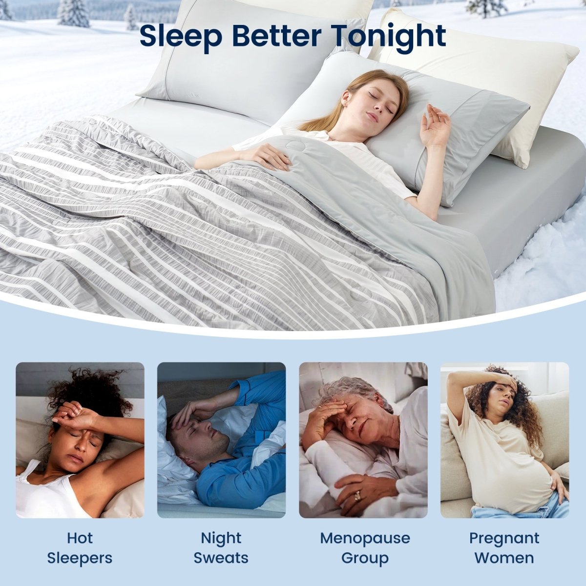 Woman sleeping under a cooling comforter in Light Grey for cooler and more comfortable sleep #color_Light Grey