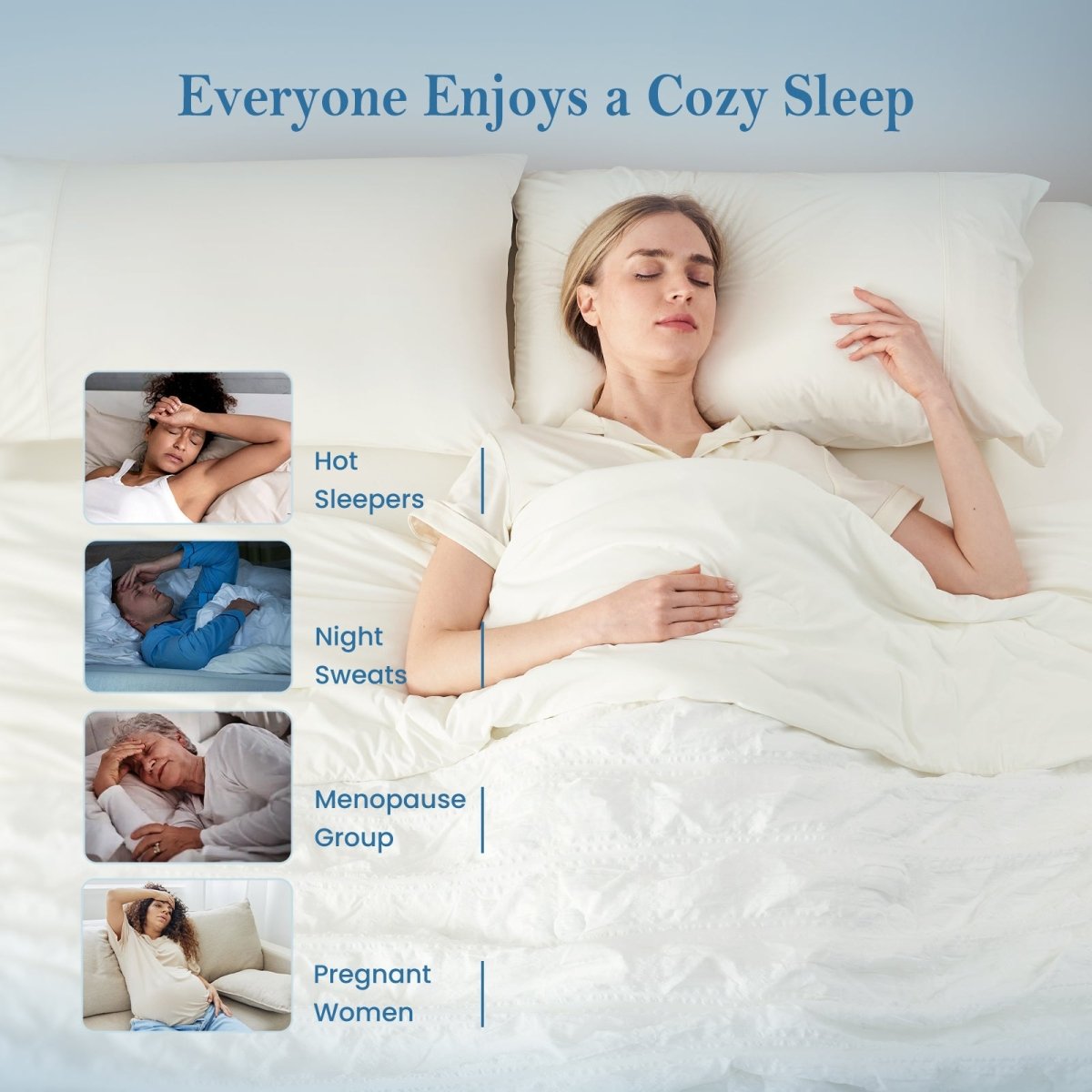 Woman sleeping peacefully under white seersucker cooling comforter for hot sleepers.#Color_Off White